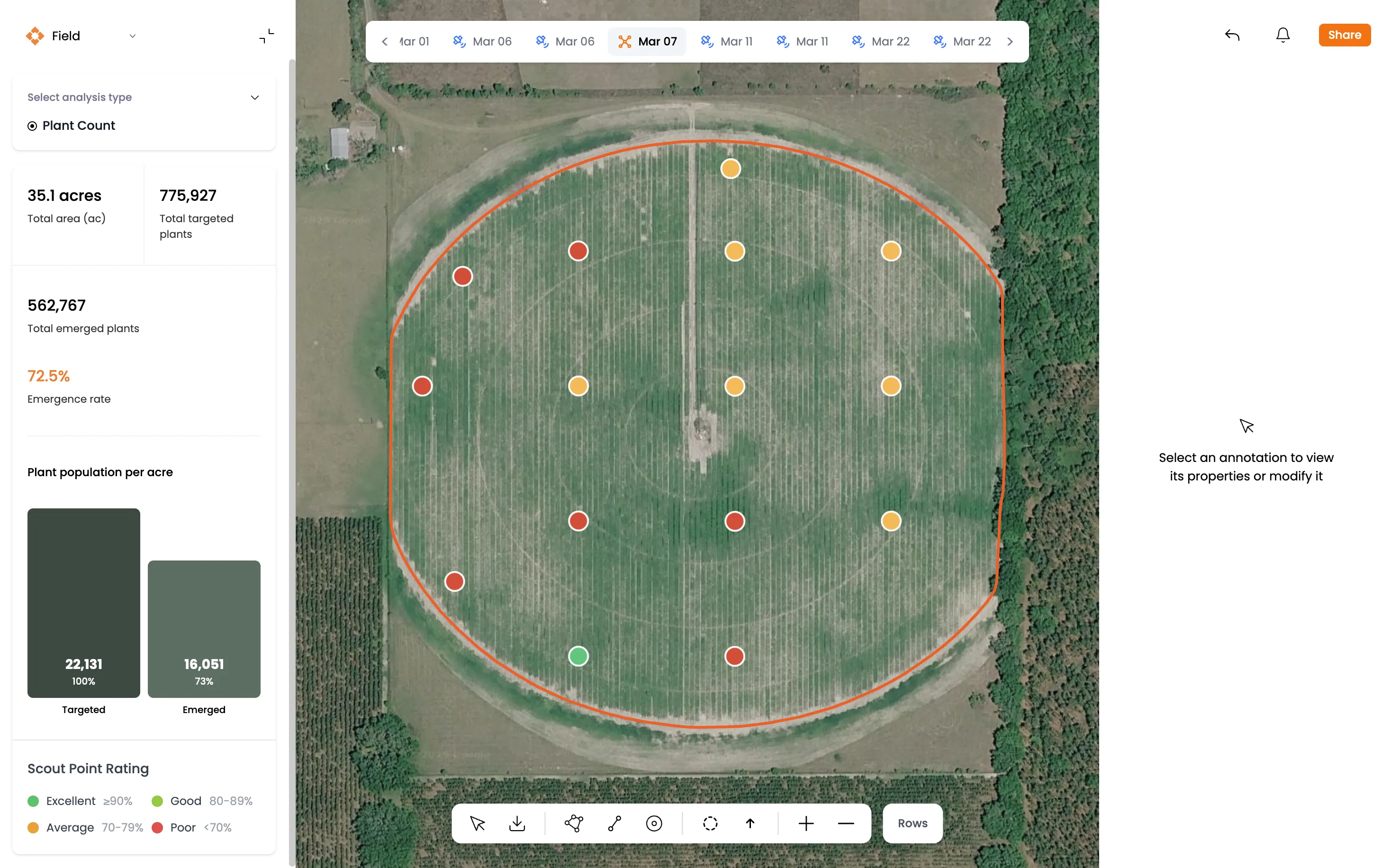 Jovintra AI crop intelligence map showing plant count and emergence analysis across a field