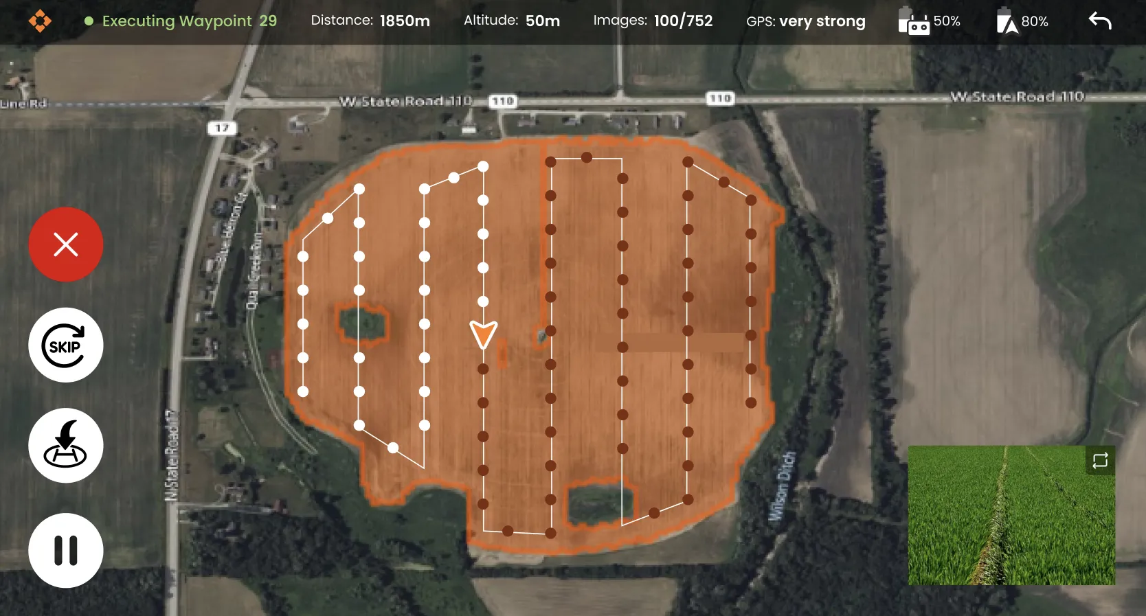 Autonomous drone autopilot executing a mapping flight plan over farmland