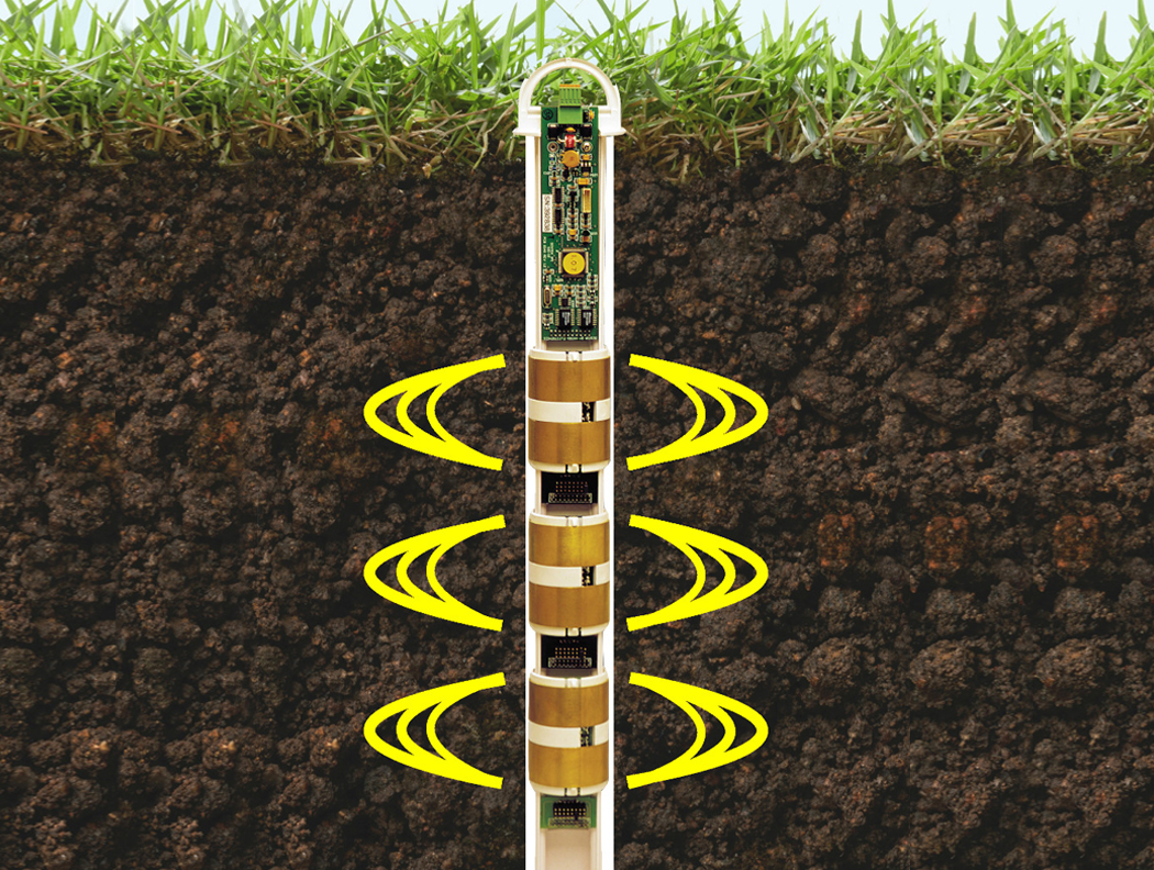 Subsurface soil moisture and EC sensor probe installed below the root zone